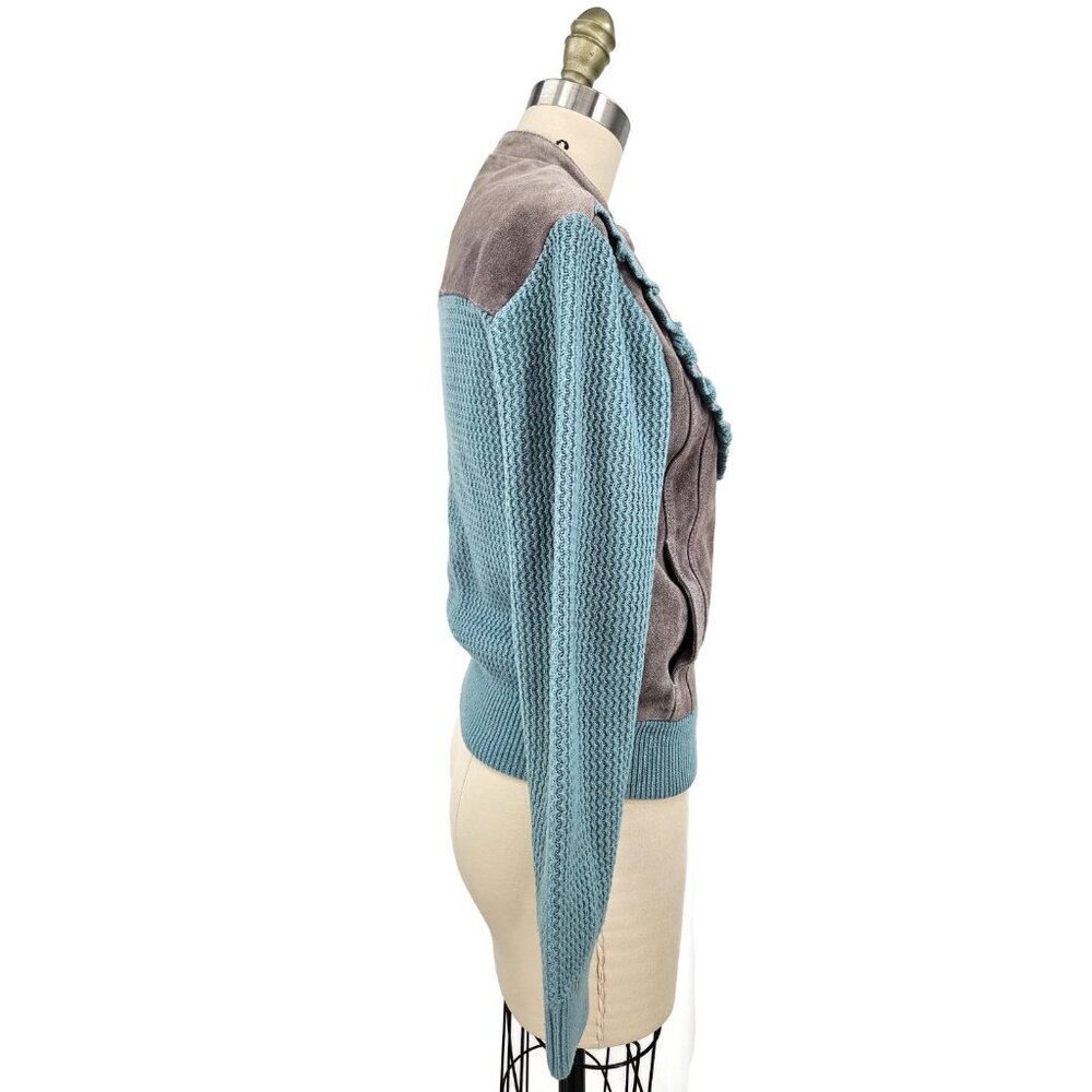 VTG Sheplers Leather Suede Knit Jacket Womens S Grey Ruffle Korea - Picture 3 of 9